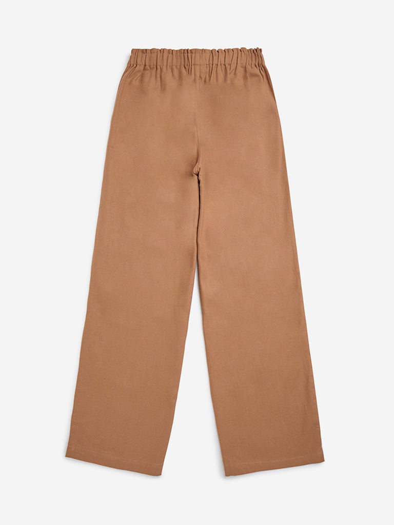 Y&F Kids Brown Solid High-Rise Cotton-Blend Trousers