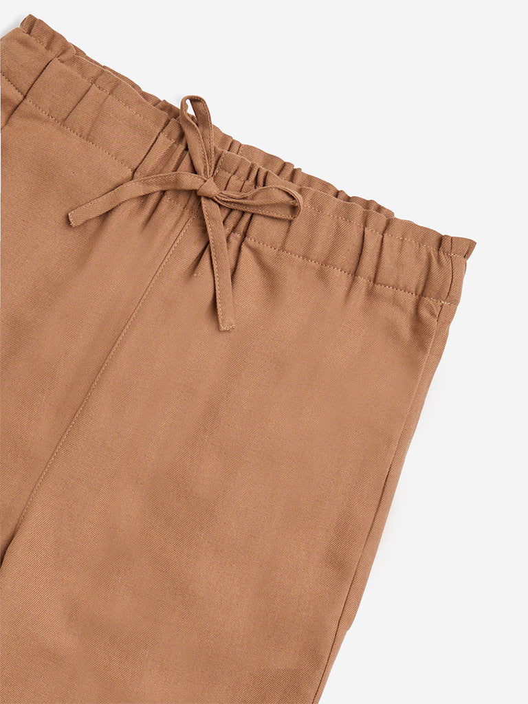 Y&F Kids Brown Solid High-Rise Cotton-Blend Trousers