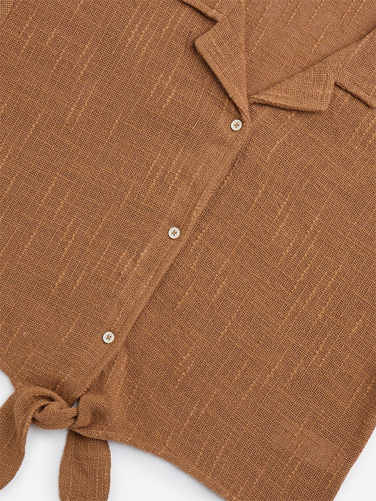 Y&F Kids Brown Knot-Detailed Cotton Shirt