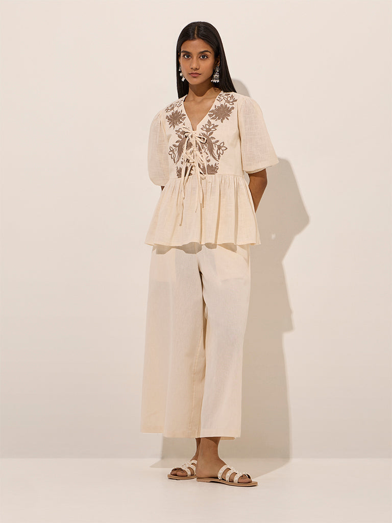 Utsa Ivory Solid Cotton Pants