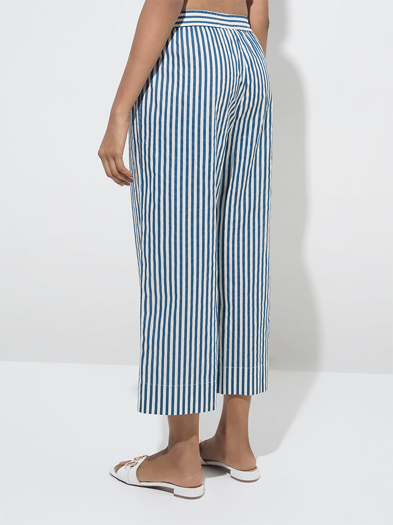 Utsa Blue Stripe Printed Cotton Ethnic Pants