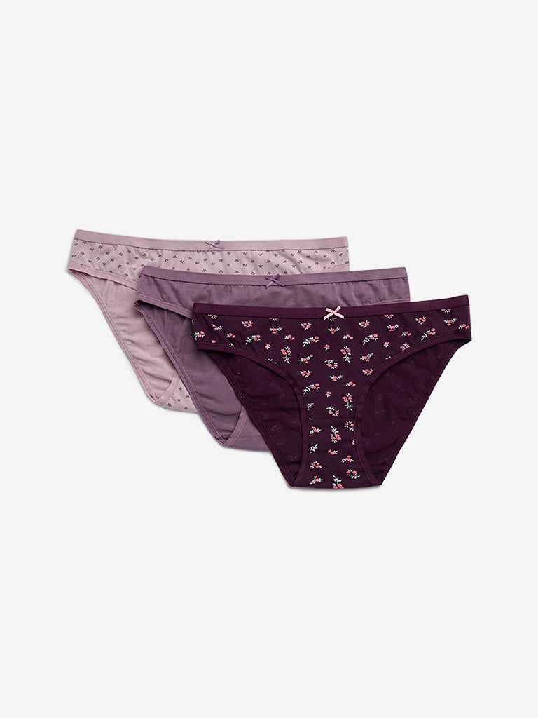 Wunderlove Violet Cotton-Blend Bikini Briefs - Pack of 3