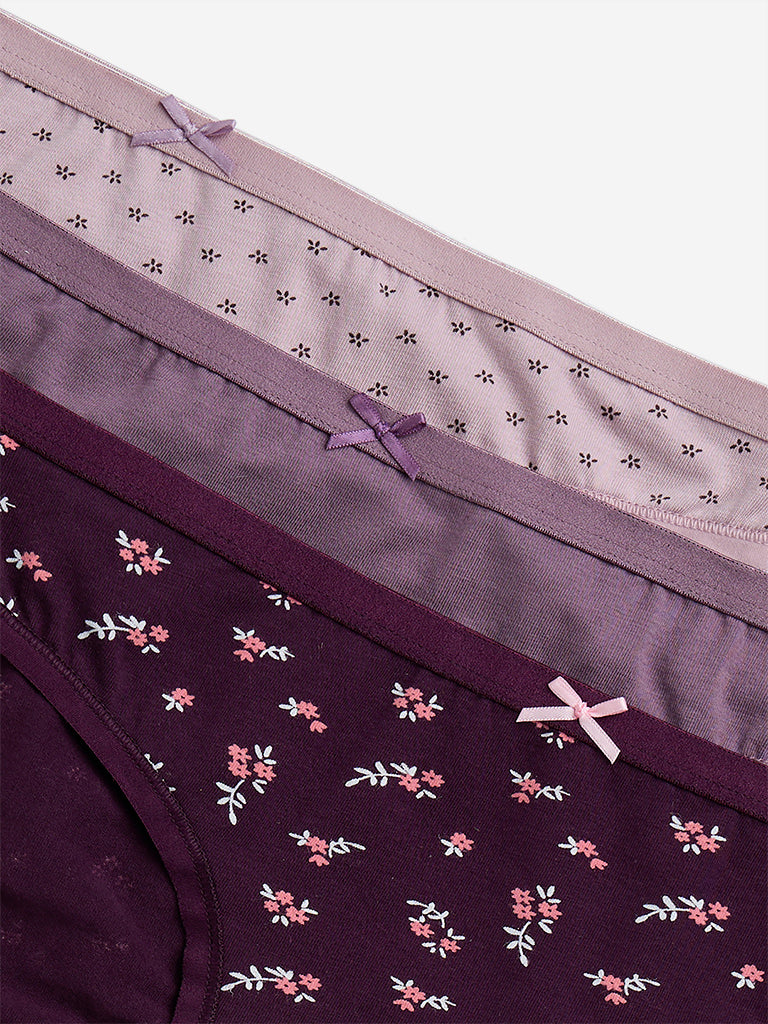 Wunderlove Violet Cotton-Blend Bikini Briefs - Pack of 3