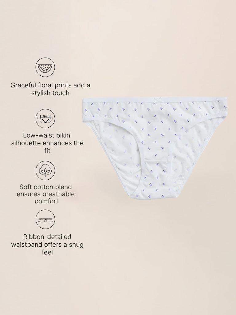 Wunderlove Violet Floral Printed Cotton Blend Bikini Briefs - Pack of 3