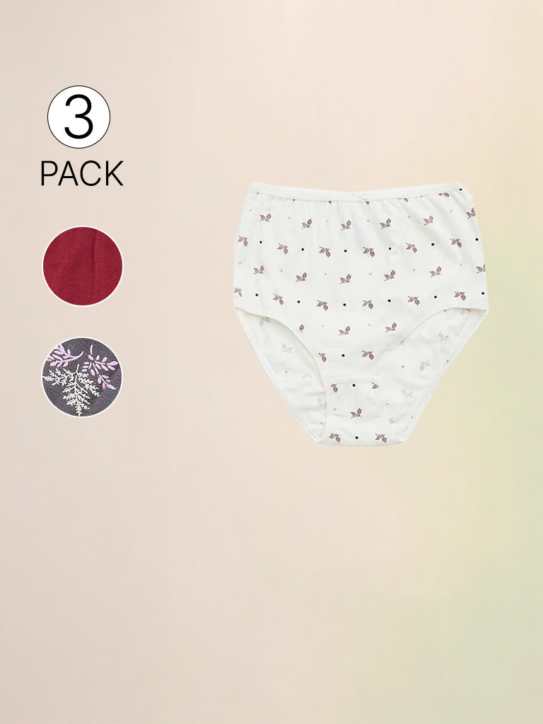 Wunderlove Ivory Floral Printed Cotton Blend Full Briefs - Pack of 3
