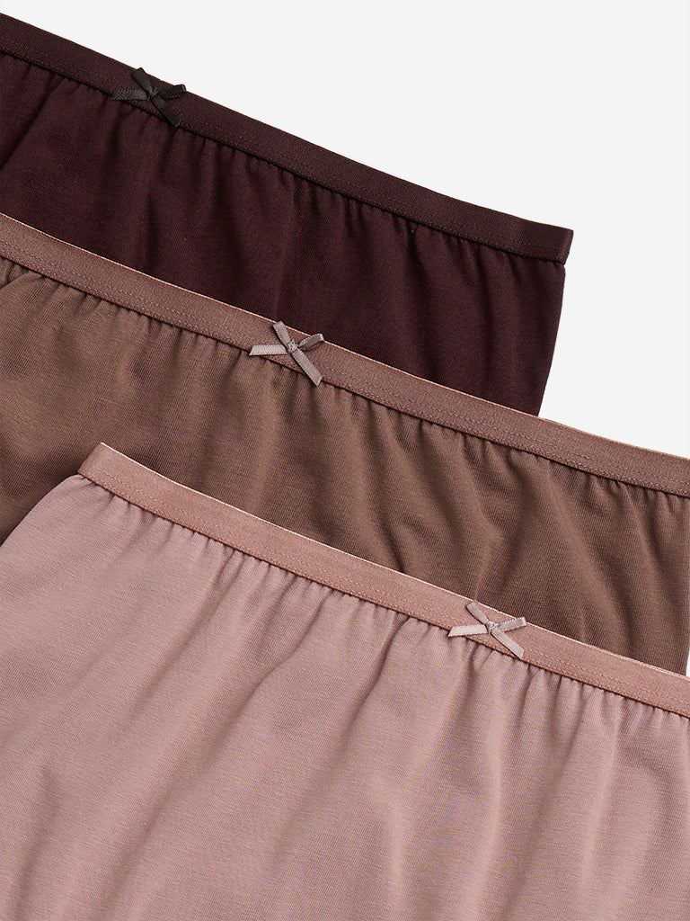 Wunderlove Brown Solid Cotton-Blend Full Briefs - Pack of 3