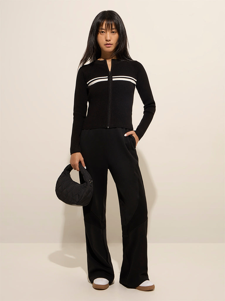 Westside Studiofit Women's Black Solid High-Rise Cotton-Blend Track Pants for Sports Wear Full View