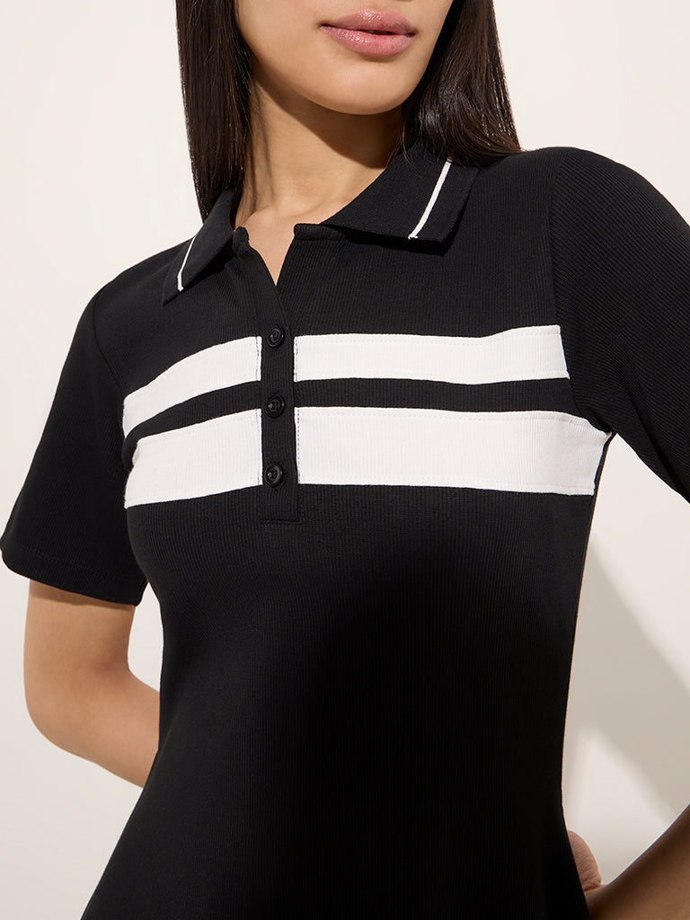Buy Studiofit Black Contrast Detailed Cotton Blend Skater Dress