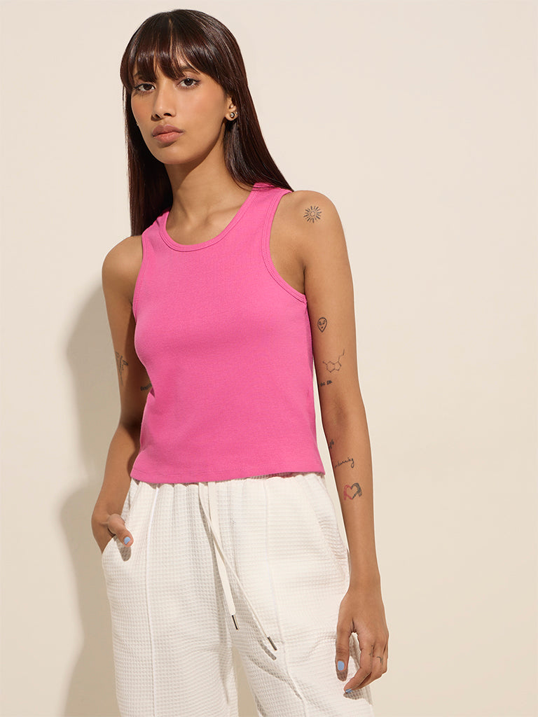 Westside Studiofit Women's Pink Ribbed-Textured Cotton-Blend Tank Top for Sports Wear Sports Wear Front View