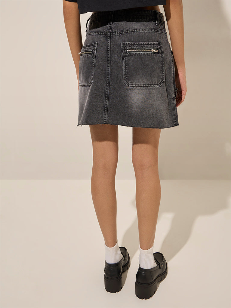 Nuon Grey Washed High-Rise Denim Skirt