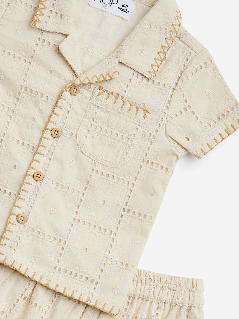HOP Baby Beige Crochet Cotton Shirt and Shorts Set