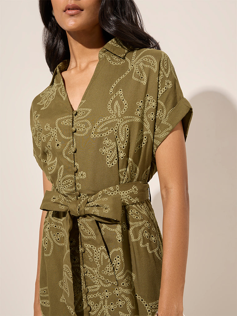 LOV Olive Floral A-Line Dress with Belt