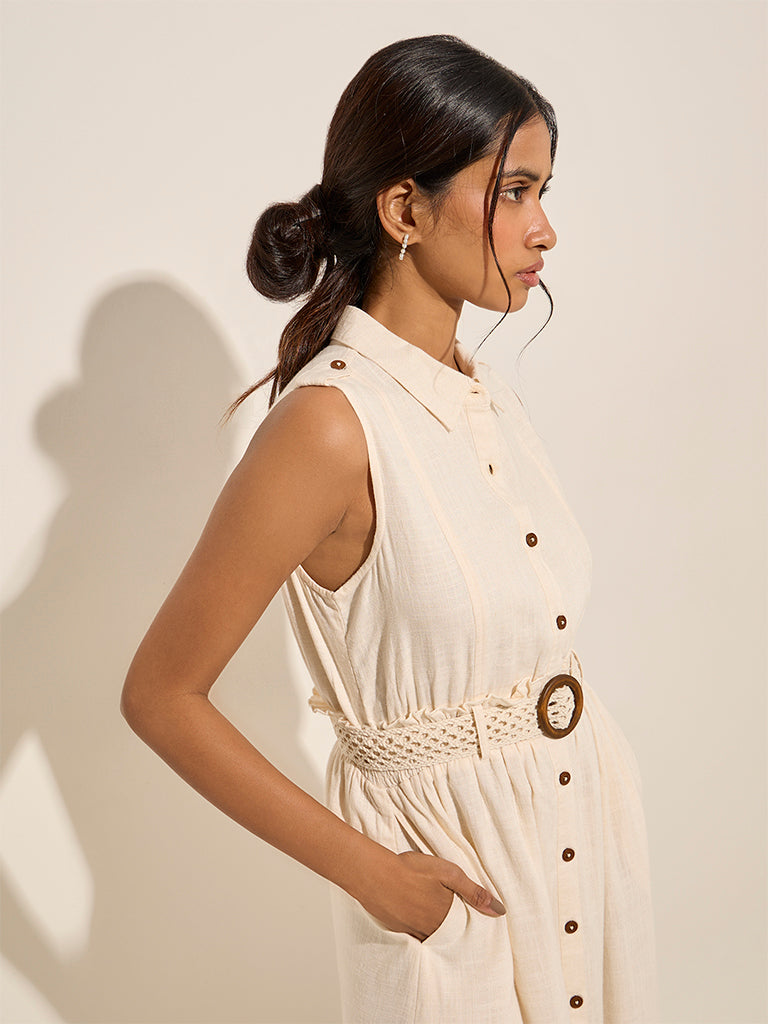 LOV Light Beige Solid Linen-Blend Shirt Dress with Belt