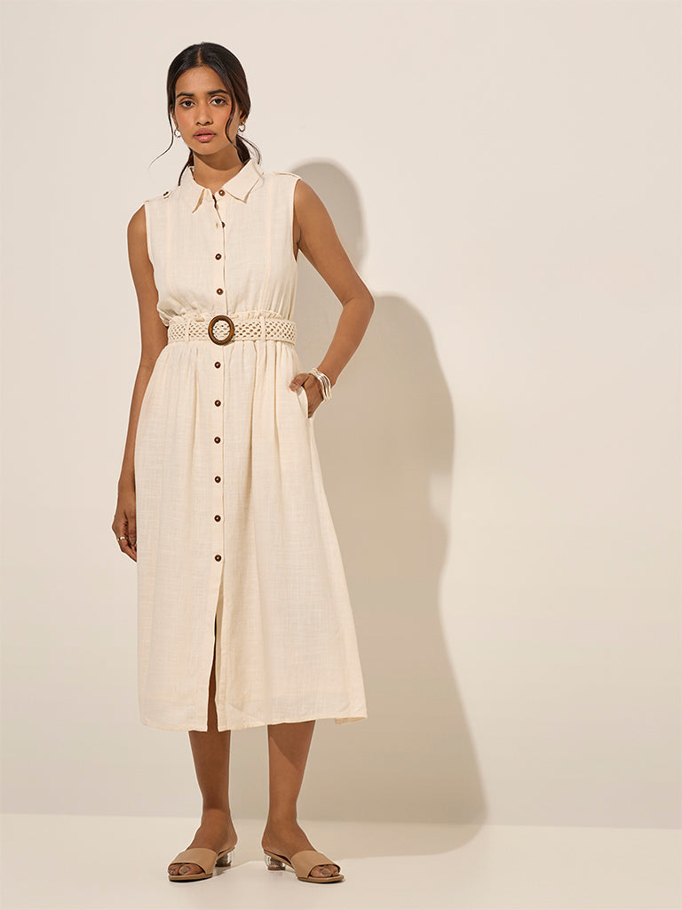 LOV Light Beige Solid Linen-Blend Shirt Dress with Belt