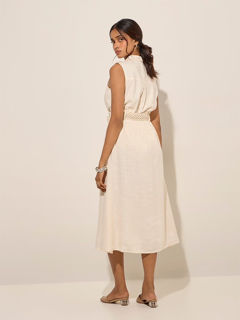 LOV Light Beige Solid Linen-Blend Shirt Dress with Belt