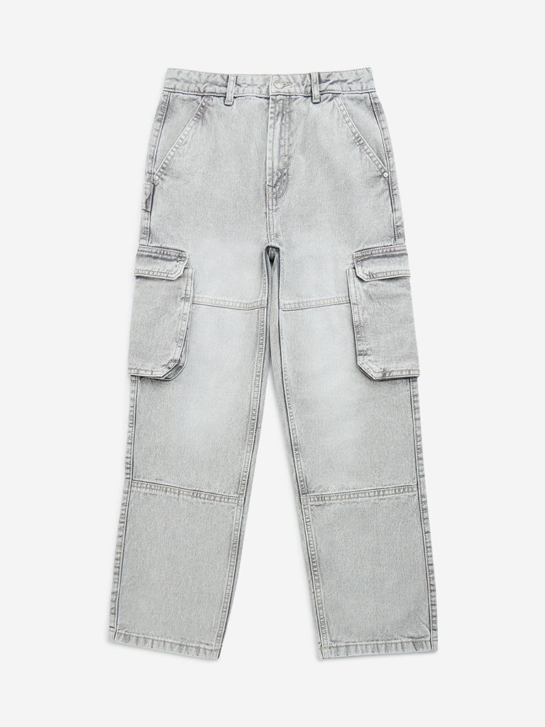 Y&F Kids Grey Cargo-Style Relaxed-Fit Mid-Rise Jeans