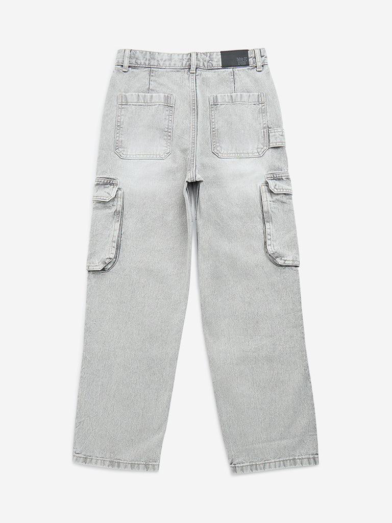 Y&F Kids Grey Cargo-Style Relaxed-Fit Mid-Rise Jeans