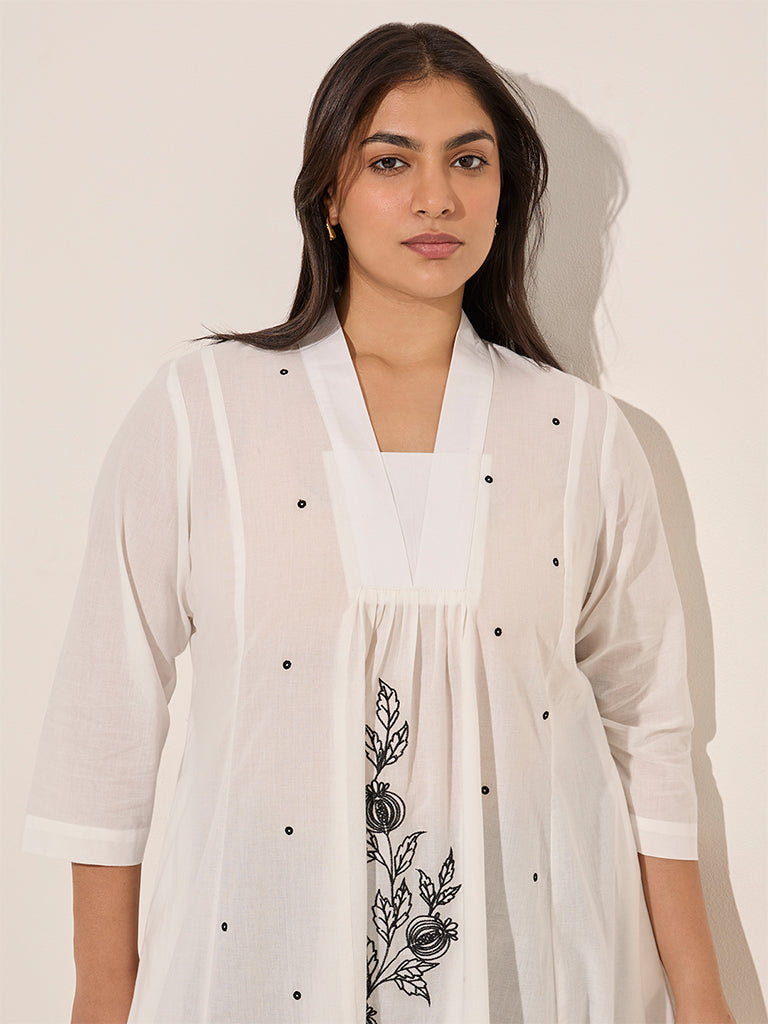 Diza White Floral Embroidered A-Line Cotton Kurta