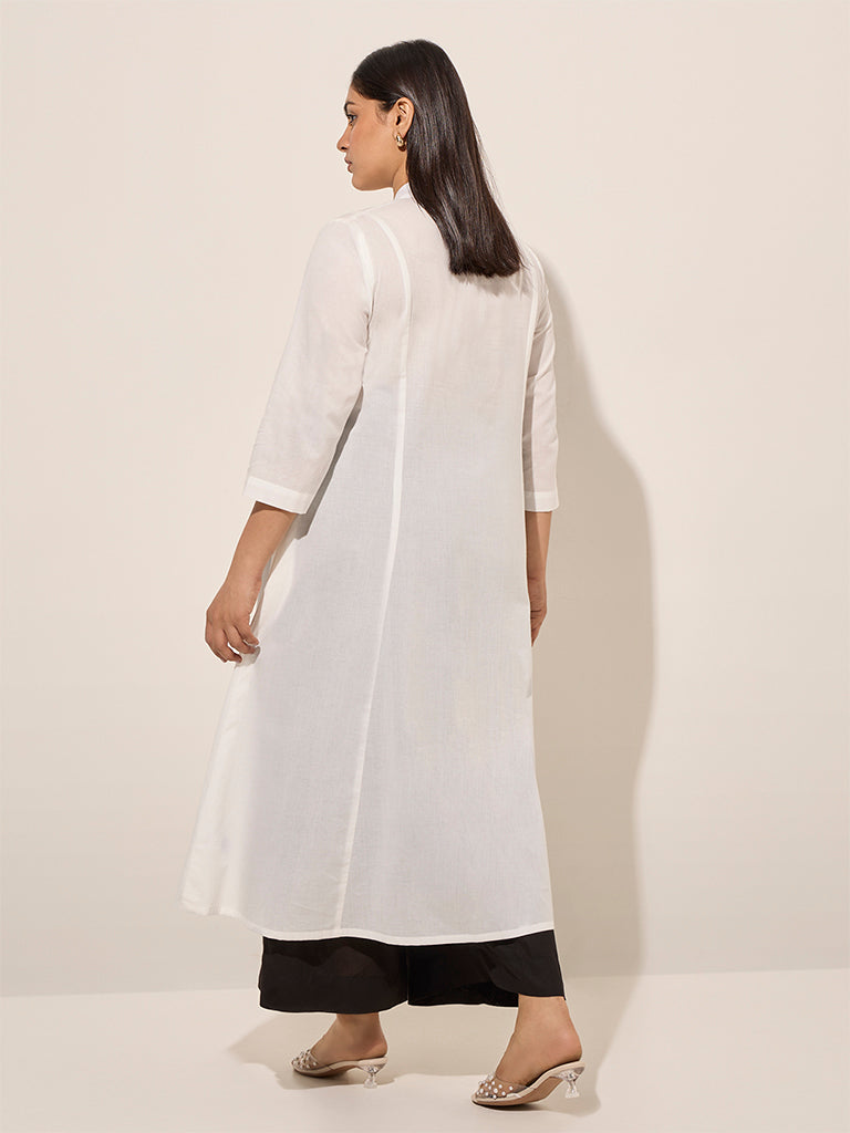 Diza White Floral Embroidered A-Line Cotton Kurta
