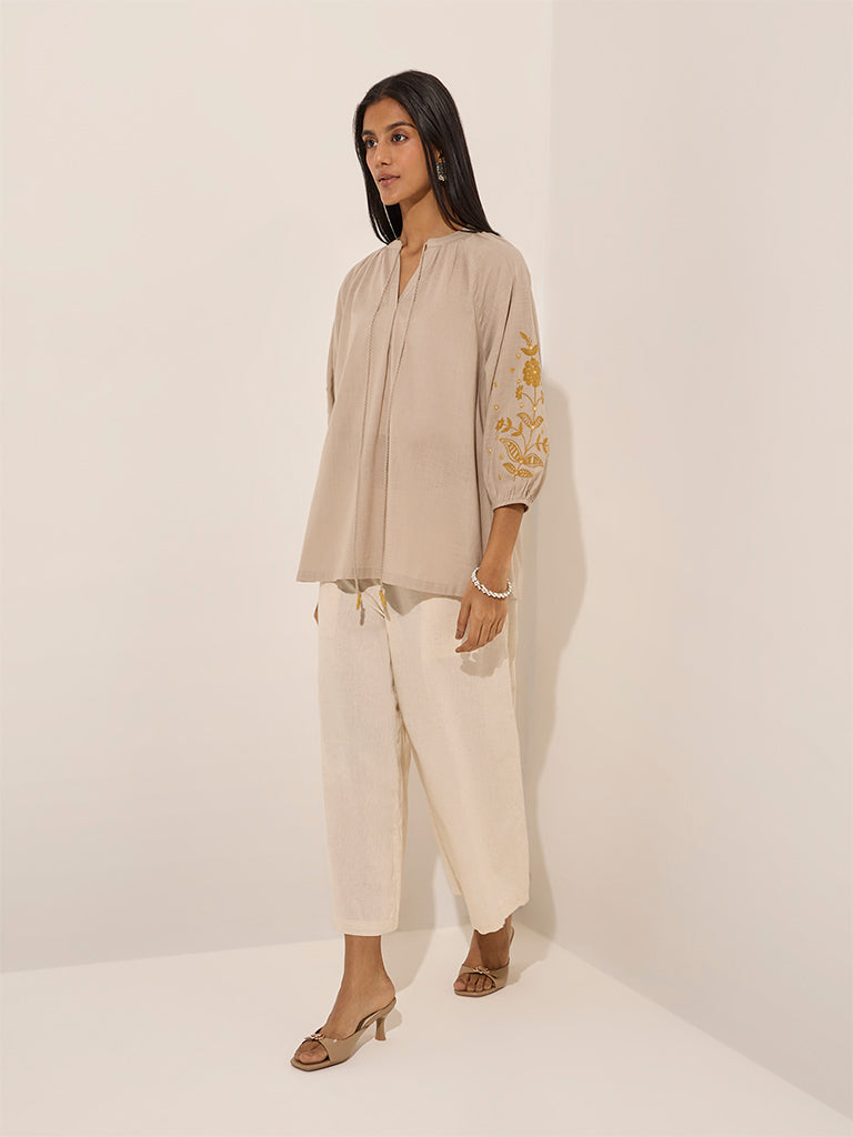 Westside Utsa Women's Beige Floral Embroidered Knot-Detailed Cotton Tunic for Work Wear Full View