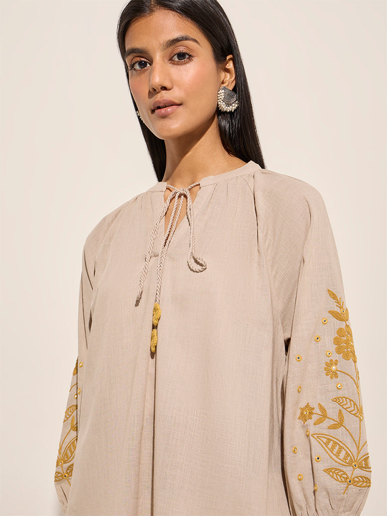 Westside Utsa Women's Beige Floral Embroidered Knot-Detailed Cotton Tunic for Work Wear Zoomed View
