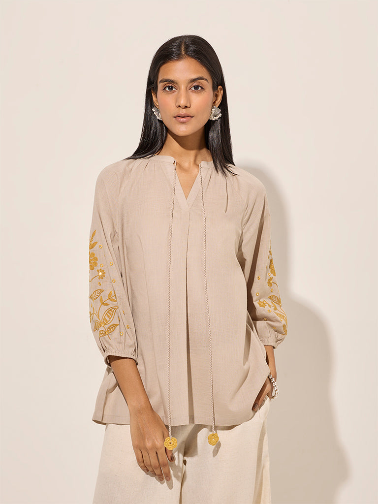Westside Utsa Women's Beige Floral Embroidered Knot-Detailed Cotton Tunic for Work Wear Front View
