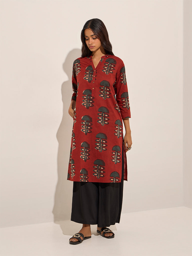 westisde Utsa Women's Rust Mushroom Printed Cotton Straight Kurta for Everyday Front View