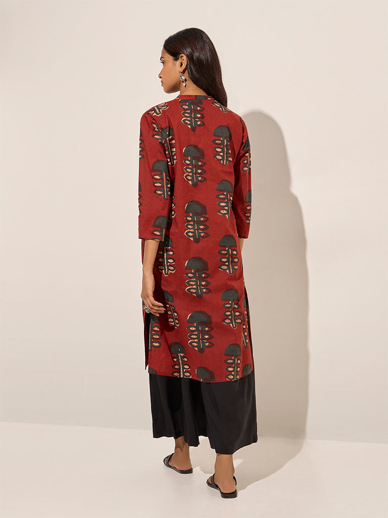 westisde Utsa Women's Rust Mushroom Printed Cotton Straight Kurta for Everyday Back View