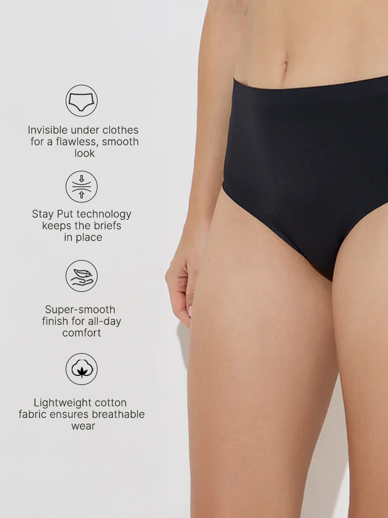 Westside Wunderlove Women's Black Invisible Full Cotton Briefs for Casual Wear Infographics