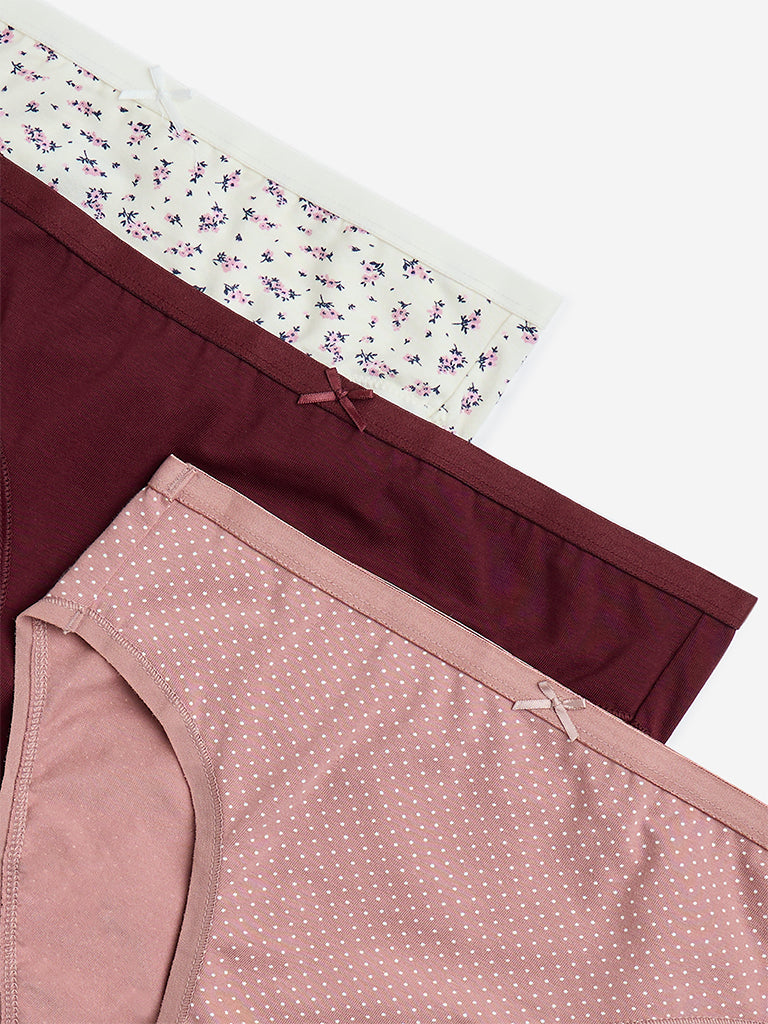 Wunderlove Dusty Pink Print Cotton-Blend Briefs - Pack of 3