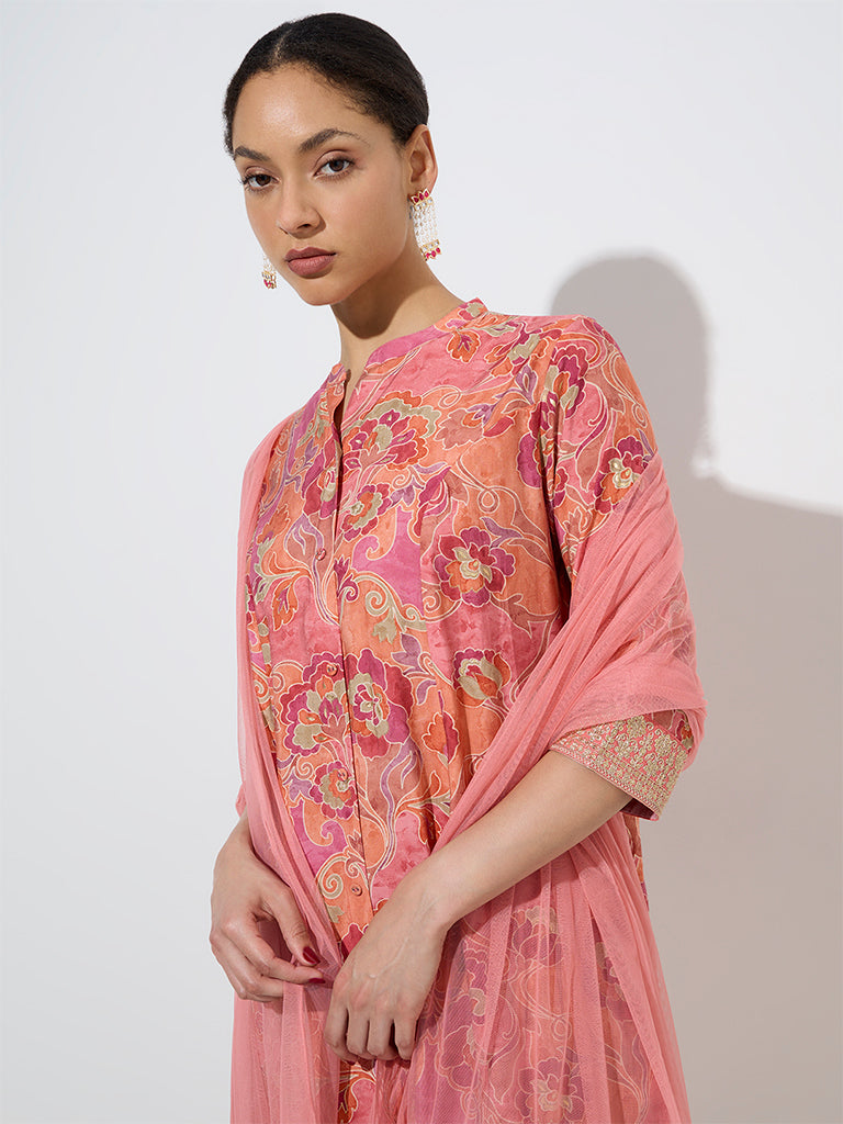 Vark Pink Botanical A-Line Kurta, Palazzos and Dupatta Set