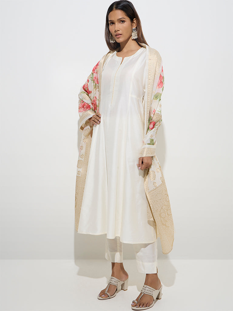 Vark Off-White A-Line Kurta, Pants and Floral Dupatta Set