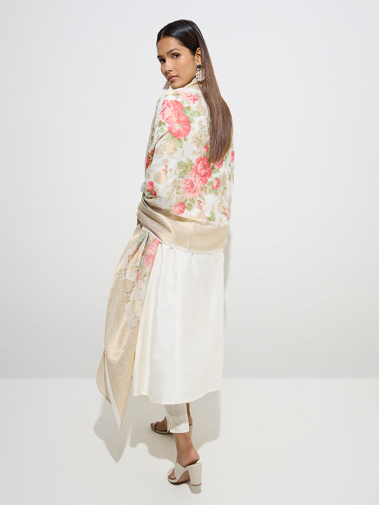 Vark Off-White A-Line Kurta, Pants and Floral Dupatta Set