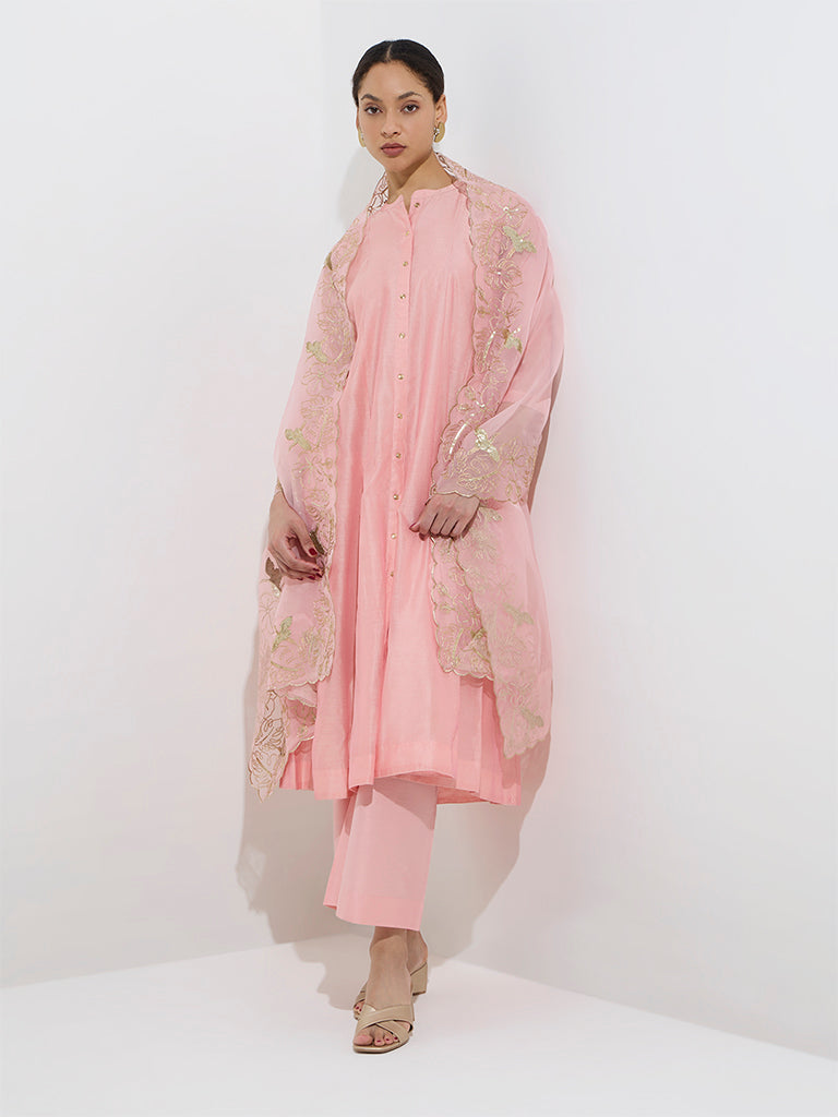 Vark Pink Cotton-Blend Kurta, Pants and Organza Dupatta Set