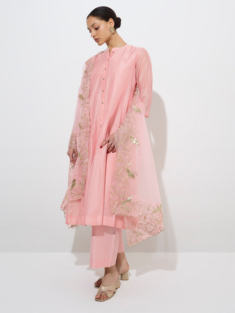 Vark Pink Cotton-Blend Kurta, Pants and Organza Dupatta Set