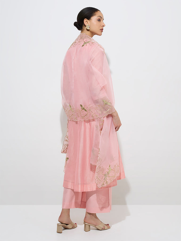 Vark Pink Cotton-Blend Kurta, Pants and Organza Dupatta Set
