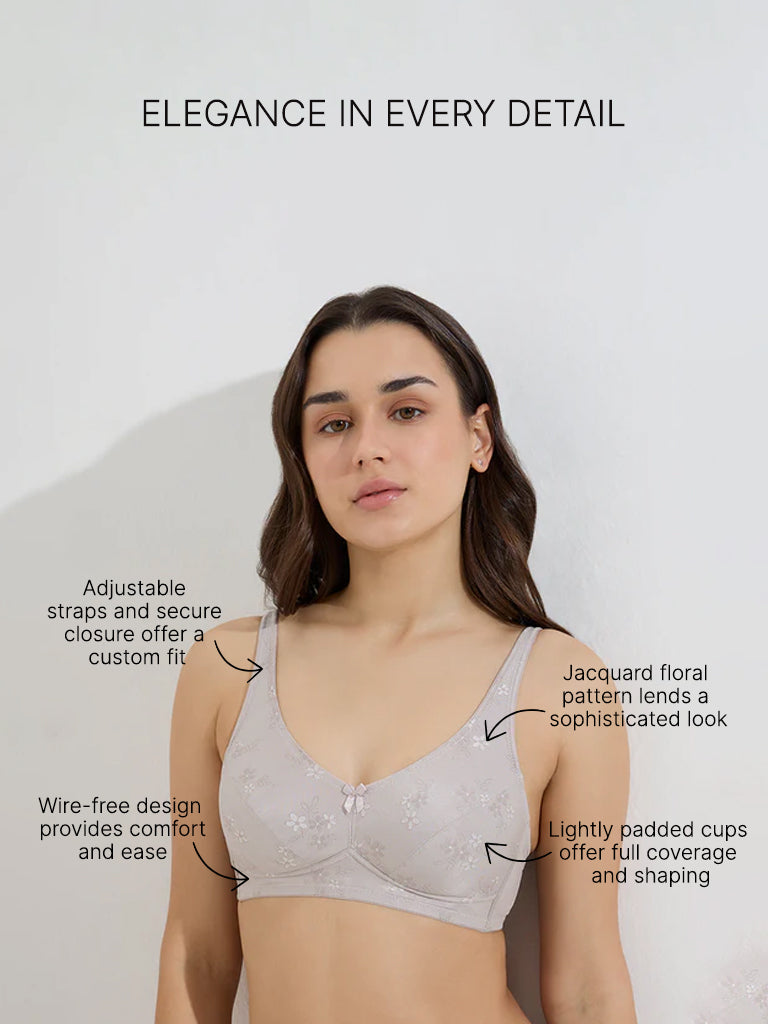 Westside Wunderlove Women's Light Grey Jacquard Floral Design Padded Bra for Casual Wear Infographic Image