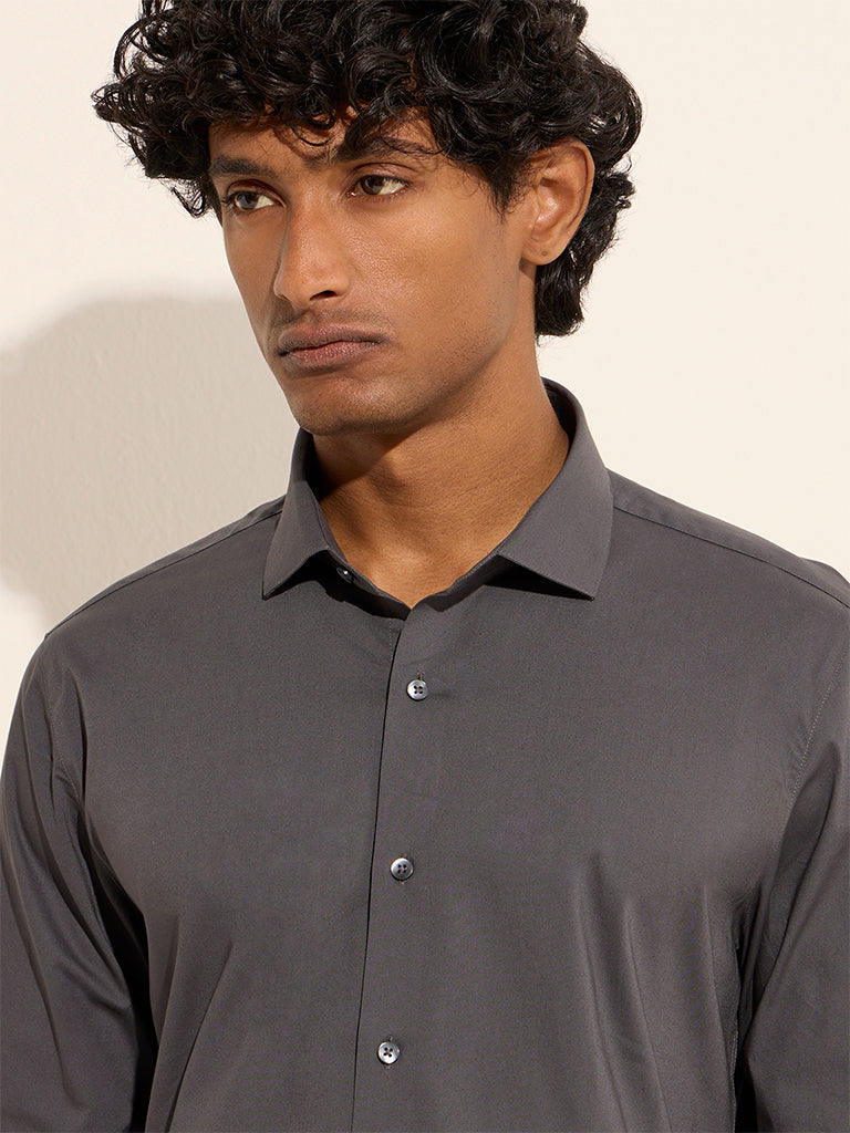 WES Formals Dark Grey Ultra-Slim Fit Cotton-Blend Shirt