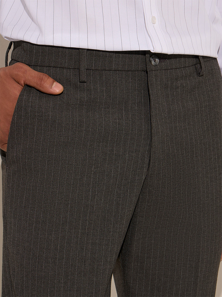 WES Formals Charcoal Pinstriped Mid-Rise Slim-Fit Trousers