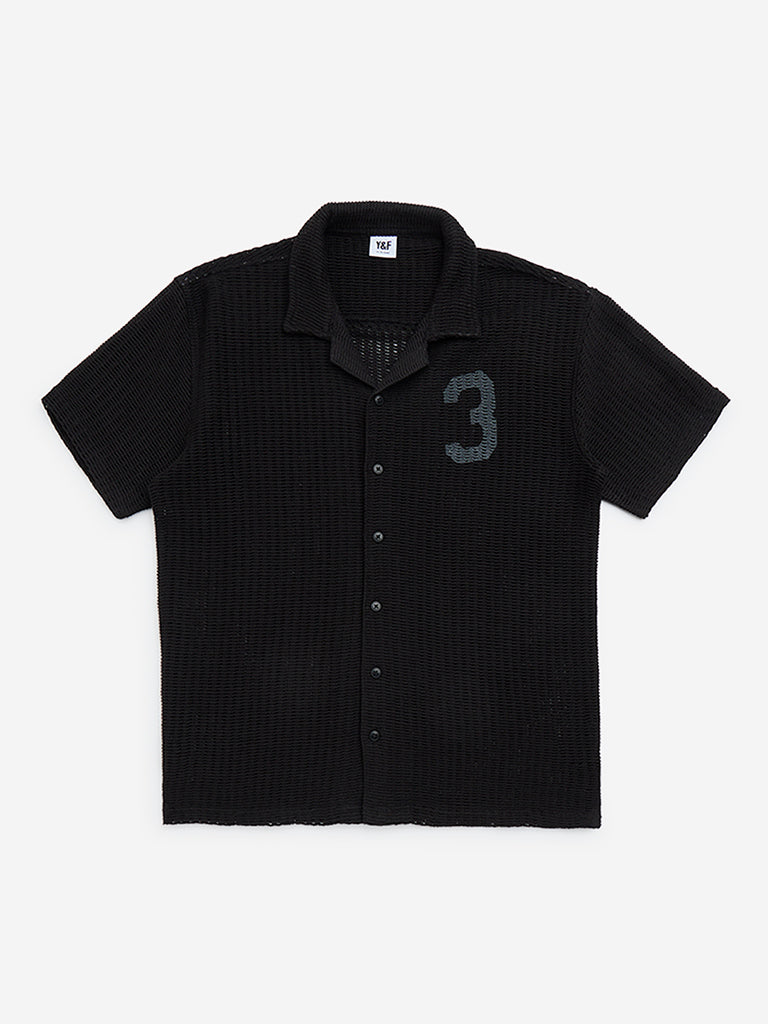 Westside Y&F Boy's Black Knitted Resort-Fit Cotton-Blend Shirt for Casual Wear Front View