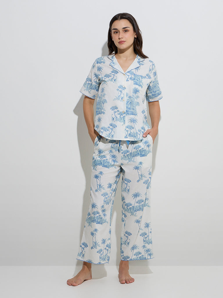 Wunderlove Aqua Printed Cotton Shirt with Pyjamas Set