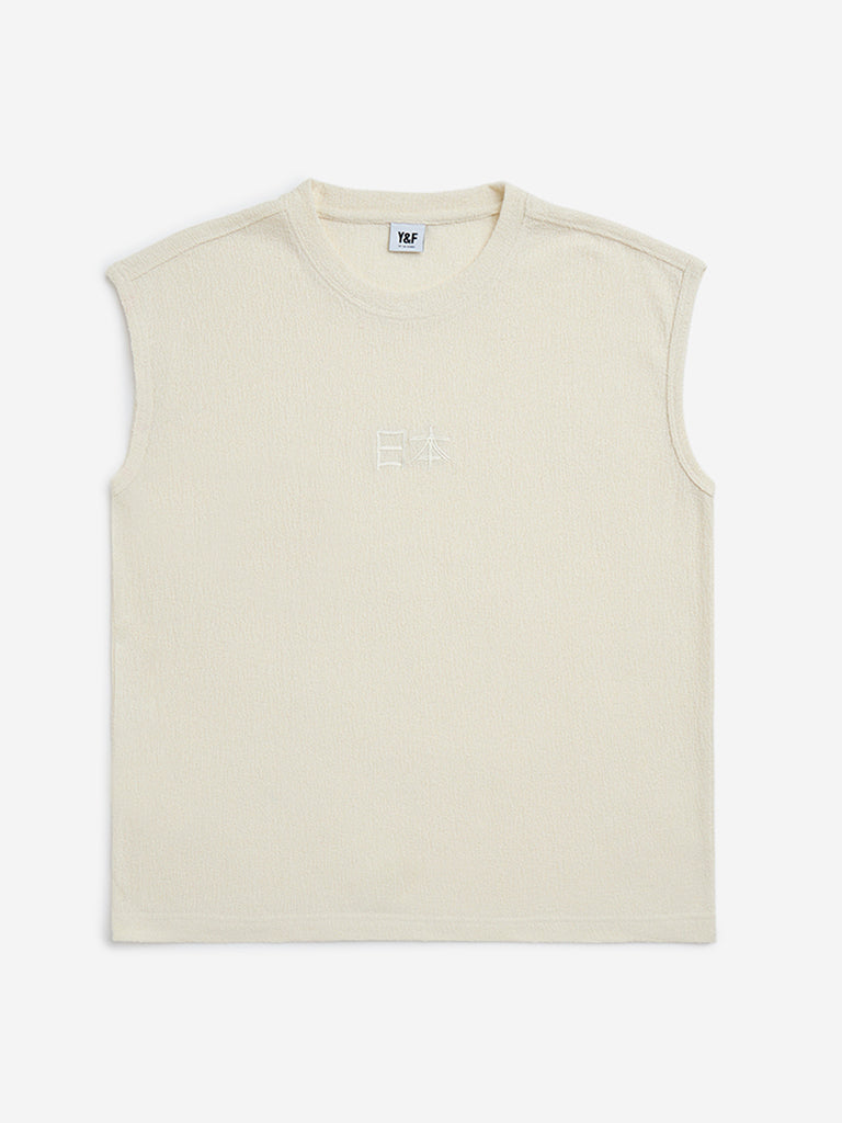 Y&F Kids Off-White Self-Textured Cotton-Blend T-Shirt
