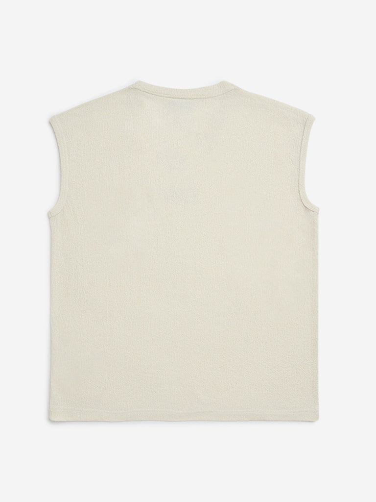 Y&F Kids Off-White Self-Textured Cotton-Blend T-Shirt