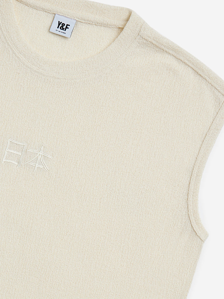 Y&F Kids Off-White Self-Textured Cotton-Blend T-Shirt