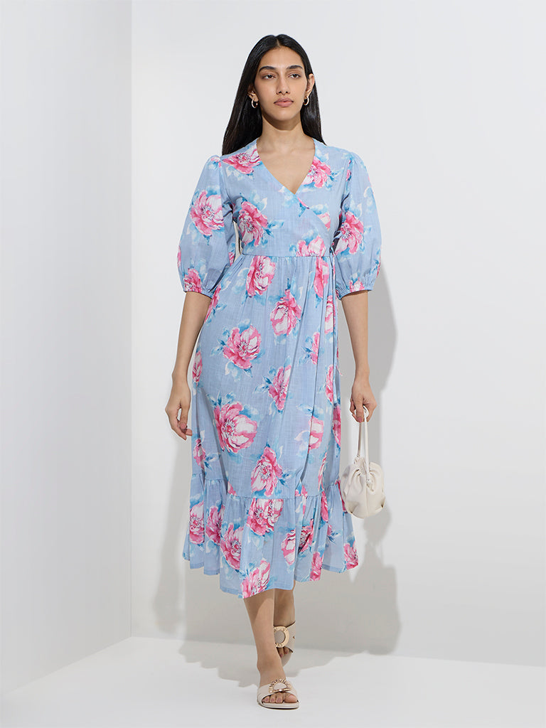 Utsa Light Blue Floral Patterned Cotton A-Line Dress
