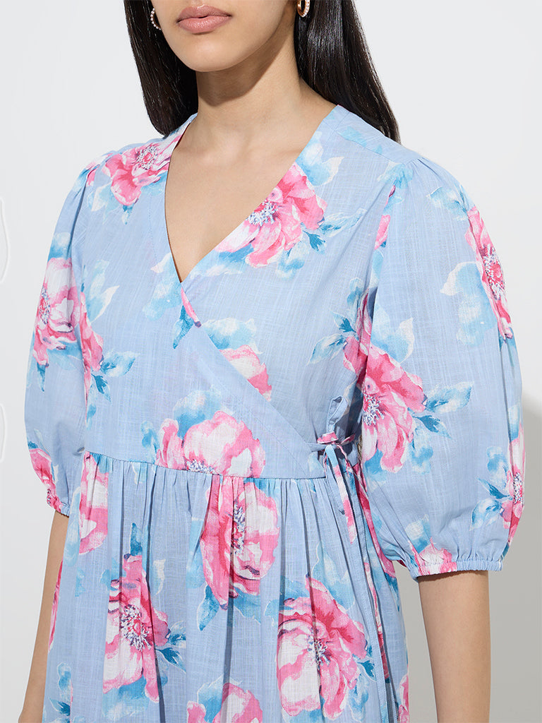 Utsa Light Blue Floral Patterned Cotton A-Line Dress