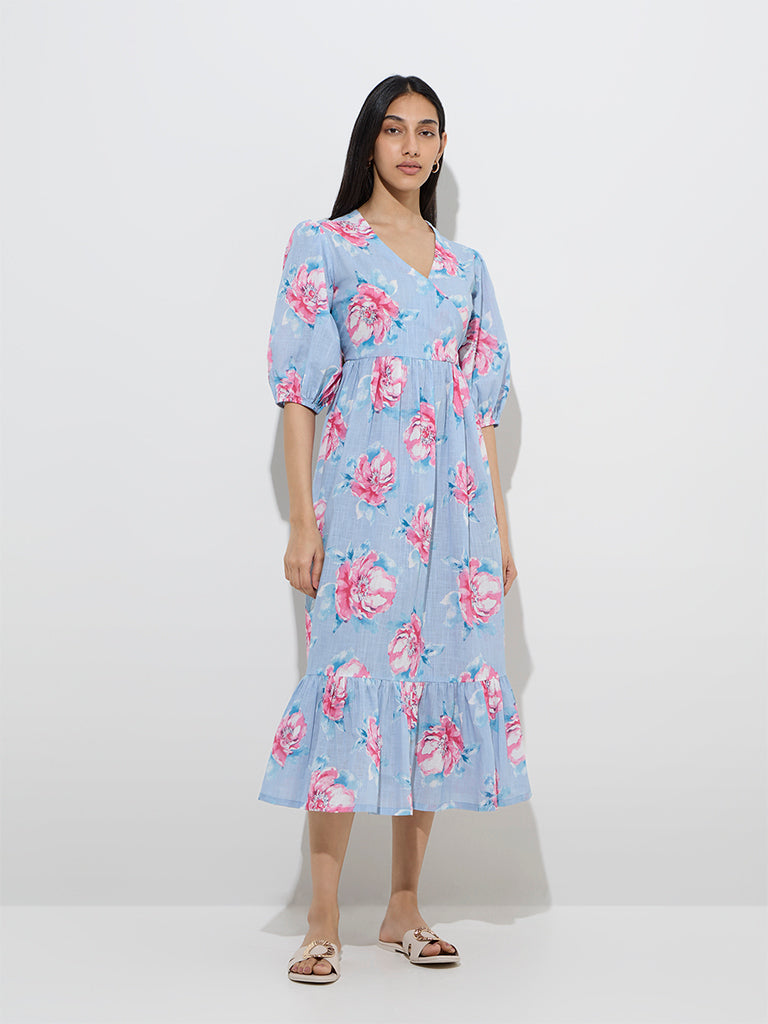 Utsa Light Blue Floral Patterned Cotton A-Line Dress