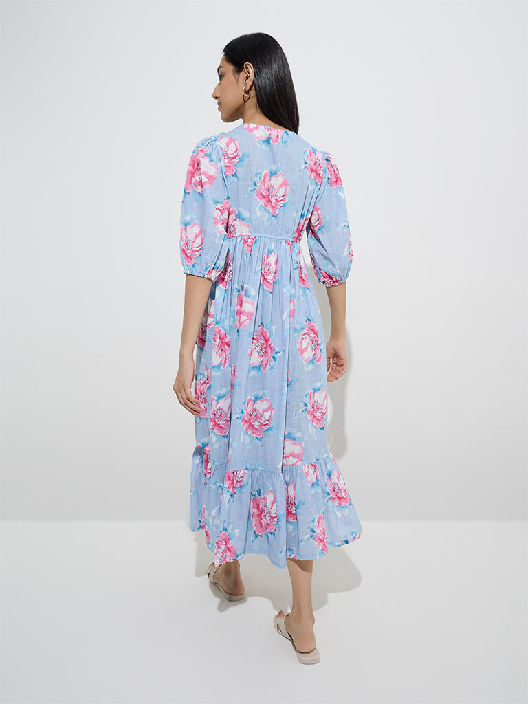 Utsa Light Blue Floral Patterned Cotton A-Line Dress