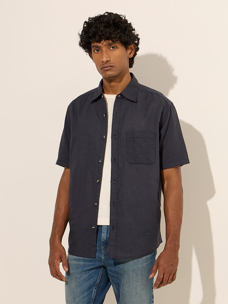 Westside WES Casuals Men's Navy Relaxed-Fit Linen-Blend Shirt for Casual Wear Front View