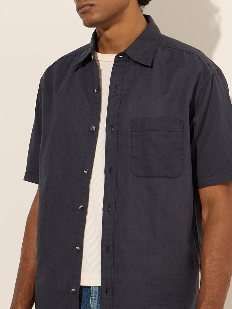 Westside WES Casuals Men's Navy Relaxed-Fit Linen-Blend Shirt for Casual Wear Zoomed View